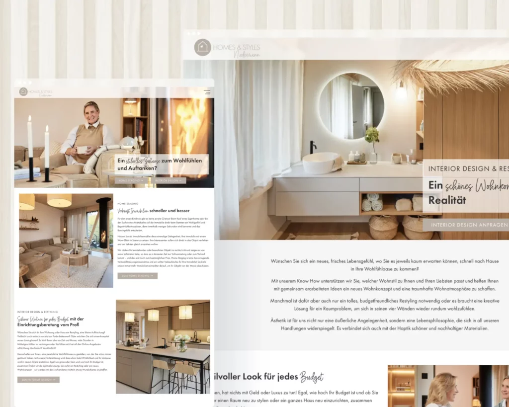 Screenshots der Website einer Homestagerin mit vielen Fotos und beigen Elementen und Holzoptik